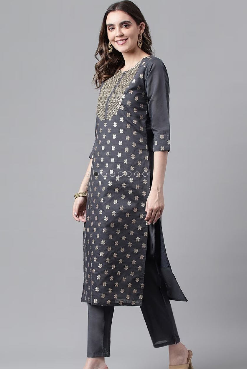 Elegant Embroidered Chanderi Kurta Set in dark grey with intricate gold detailing and stylish cut