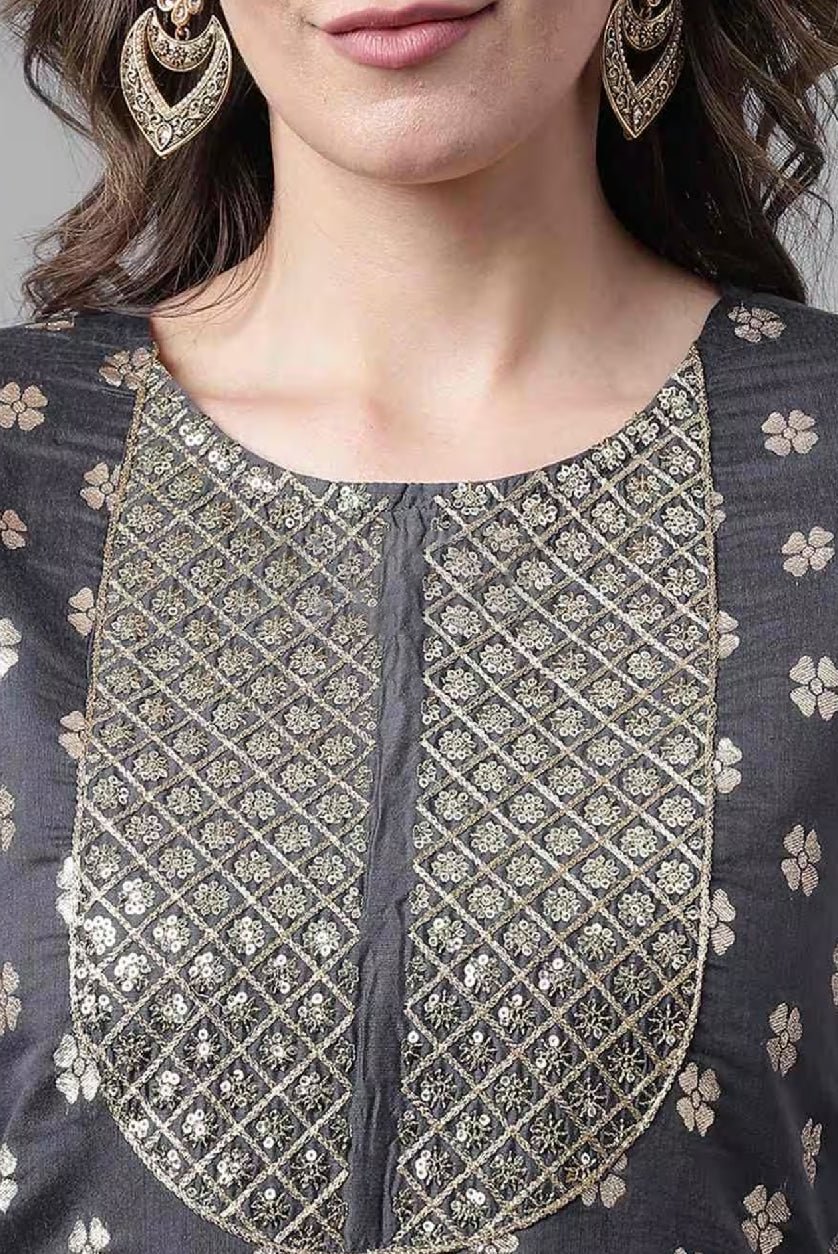 Embroidered Chanderi Kurta Set featuring intricate silver embroidery and a stylish neckline design