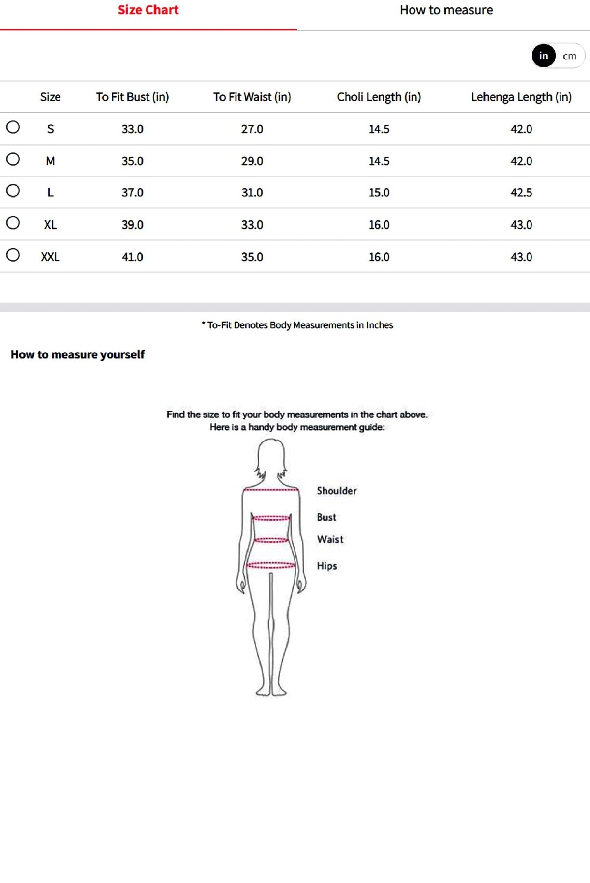 Size chart for Aromie Embroidered Chanderi Kurta Set with measurements for bust, waist, and lengths