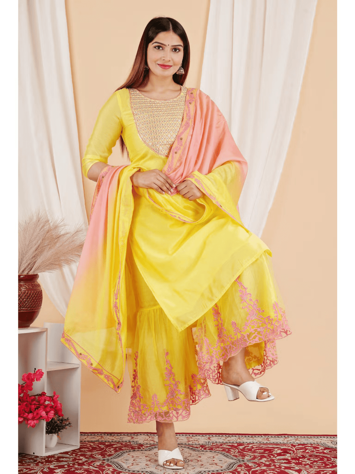 Three piece Kurtha set by Aromie featuring an embroidered Chanderi kurta set in vibrant yellow and pink hues
