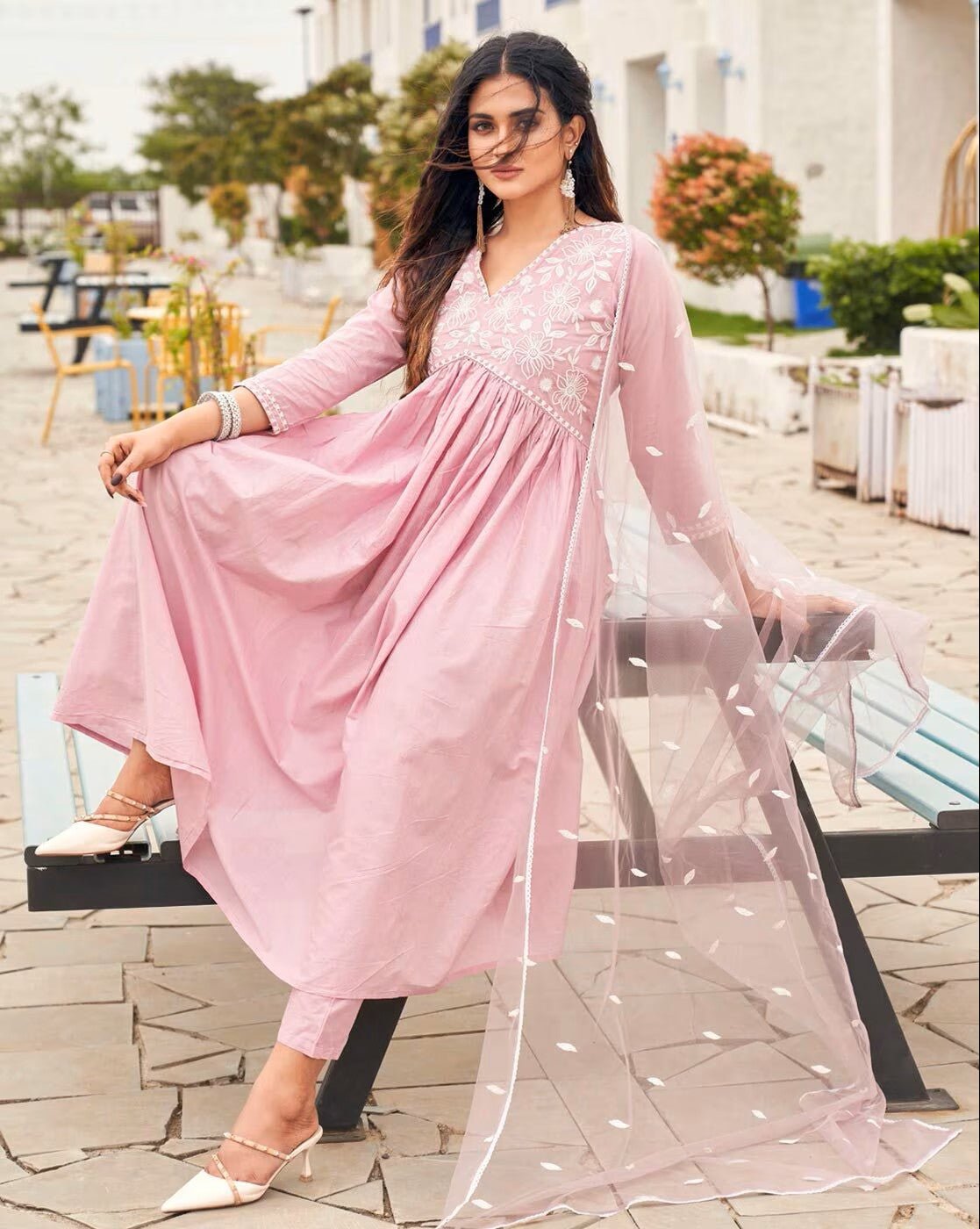 Embroidered Cotton Anarkali Kurta Set with Net Dupatta - aromie