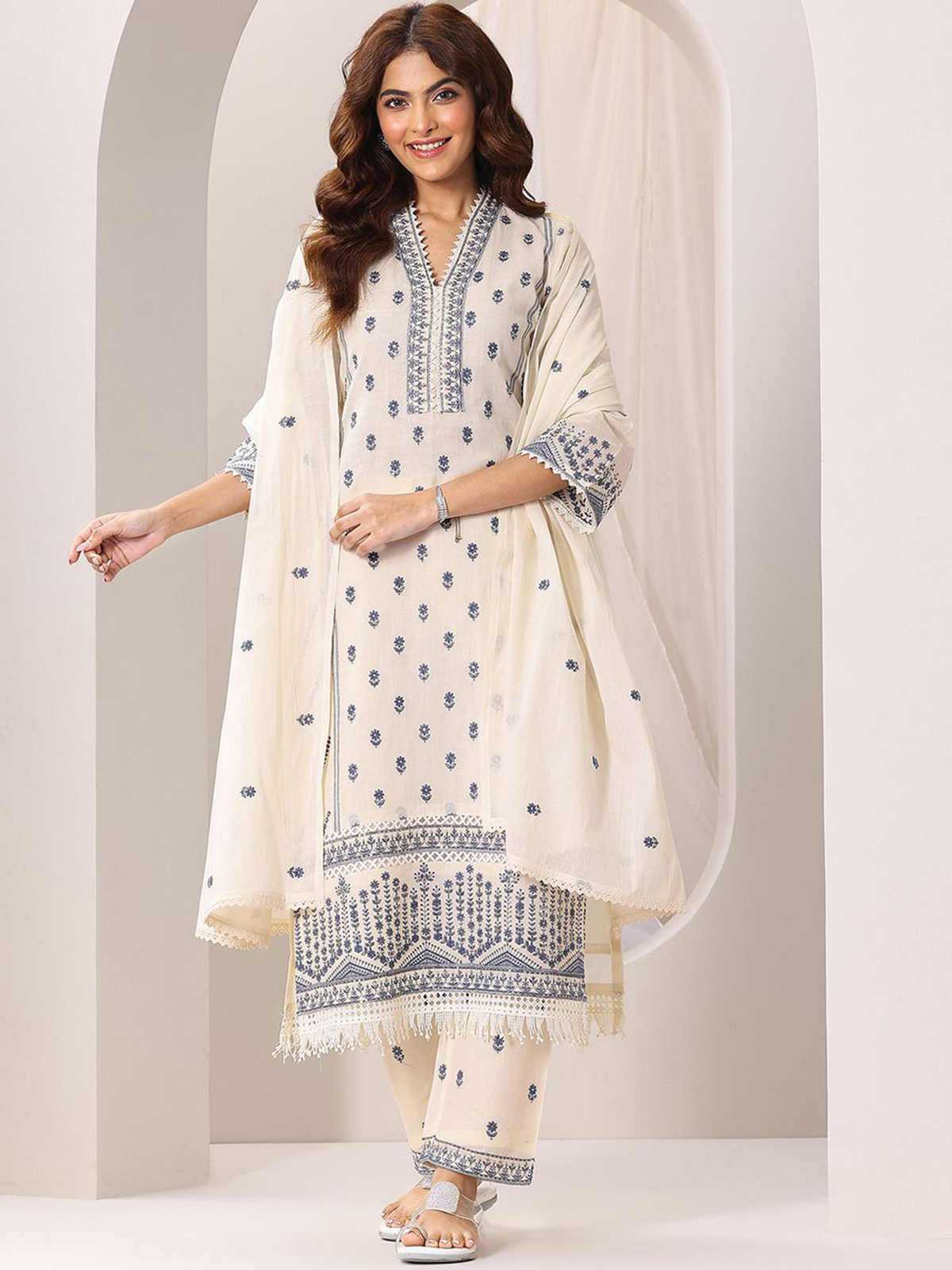 Elegant embroidered cotton kurta Canada with intricate blue patterns, perfect for festive occasions