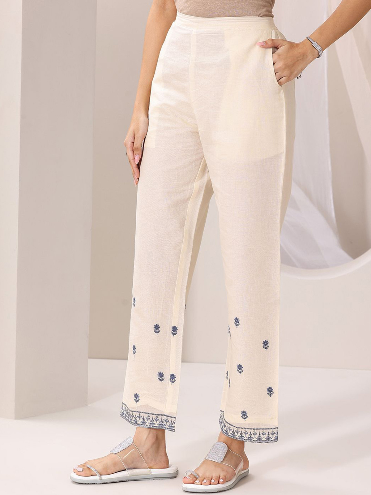 Aromie embroidered cotton kurta Canada featuring elegant floral designs on stylish cream trousers