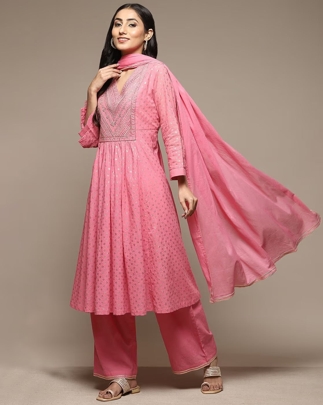 Embroidered flared kurta set Canada in pink with matching palazzo pants and dupatta for festive occasions