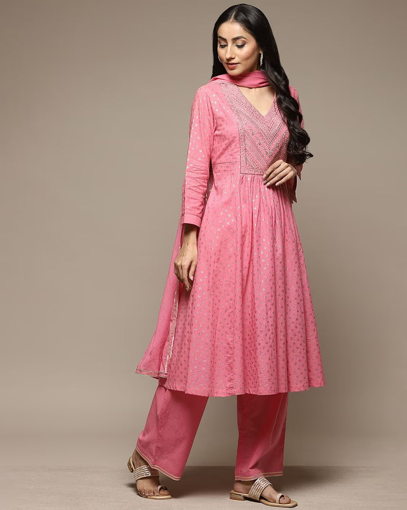 Pink embroidered flared kurta set Canada with matching pants and a lightweight scarf