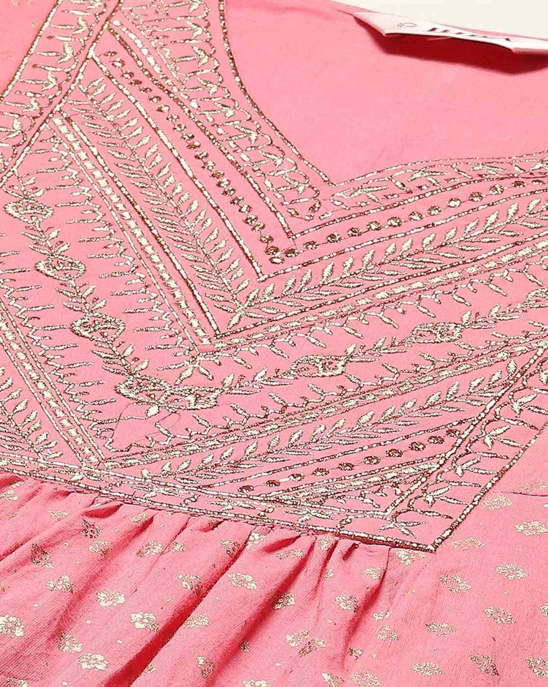 Embroidered flared kurta set Canada in pink fabric featuring intricate silver detailing