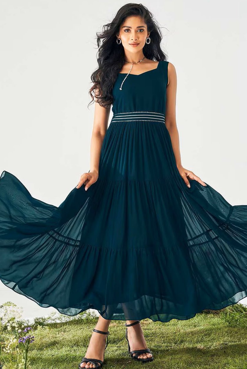 Embroidered Fox Georgette Fit & Flare Dress | Sleeveless Party Dress for Women Canada - aromie