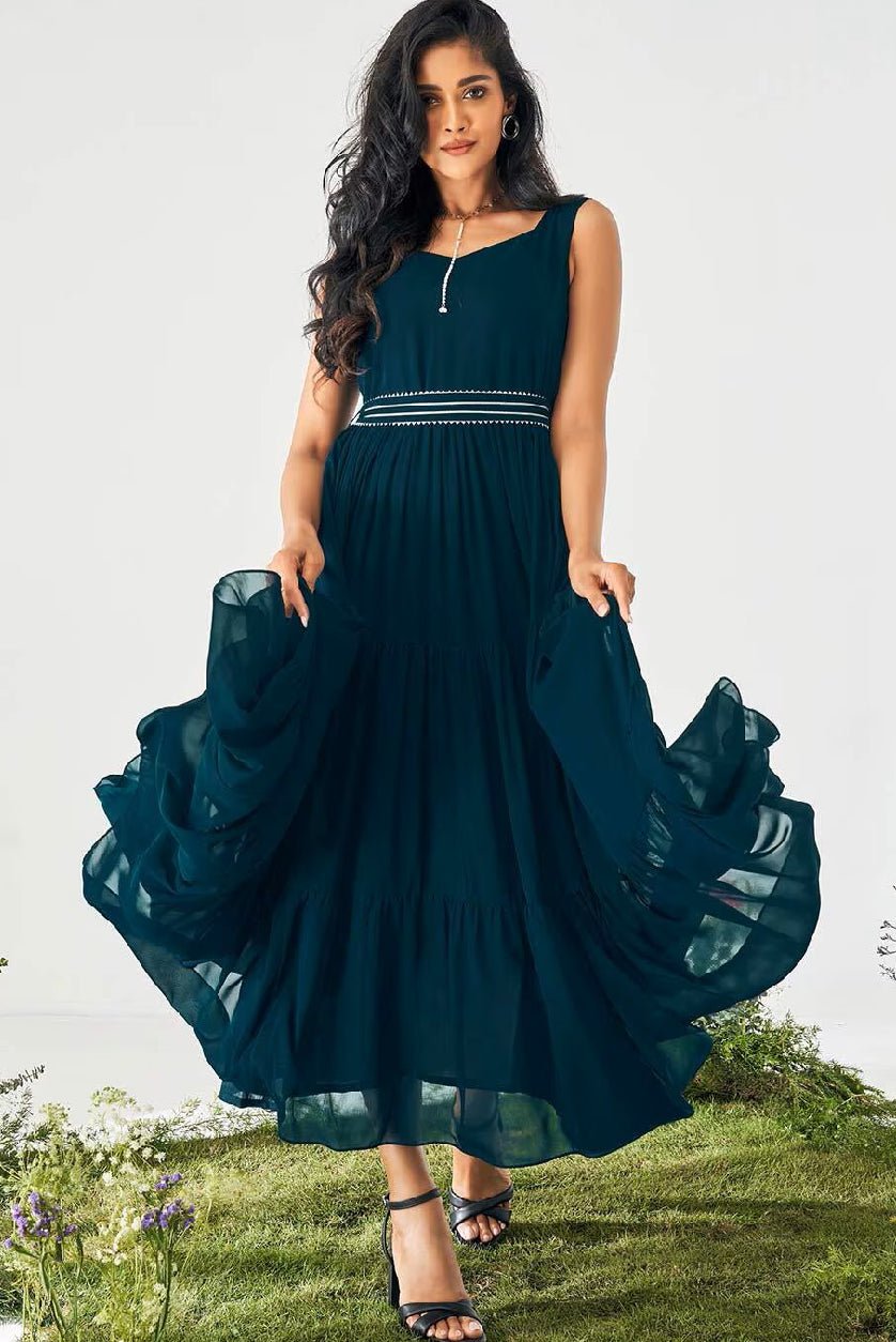 Embroidered Fox Georgette Fit & Flare Dress | Sleeveless Party Dress for Women Canada - aromie