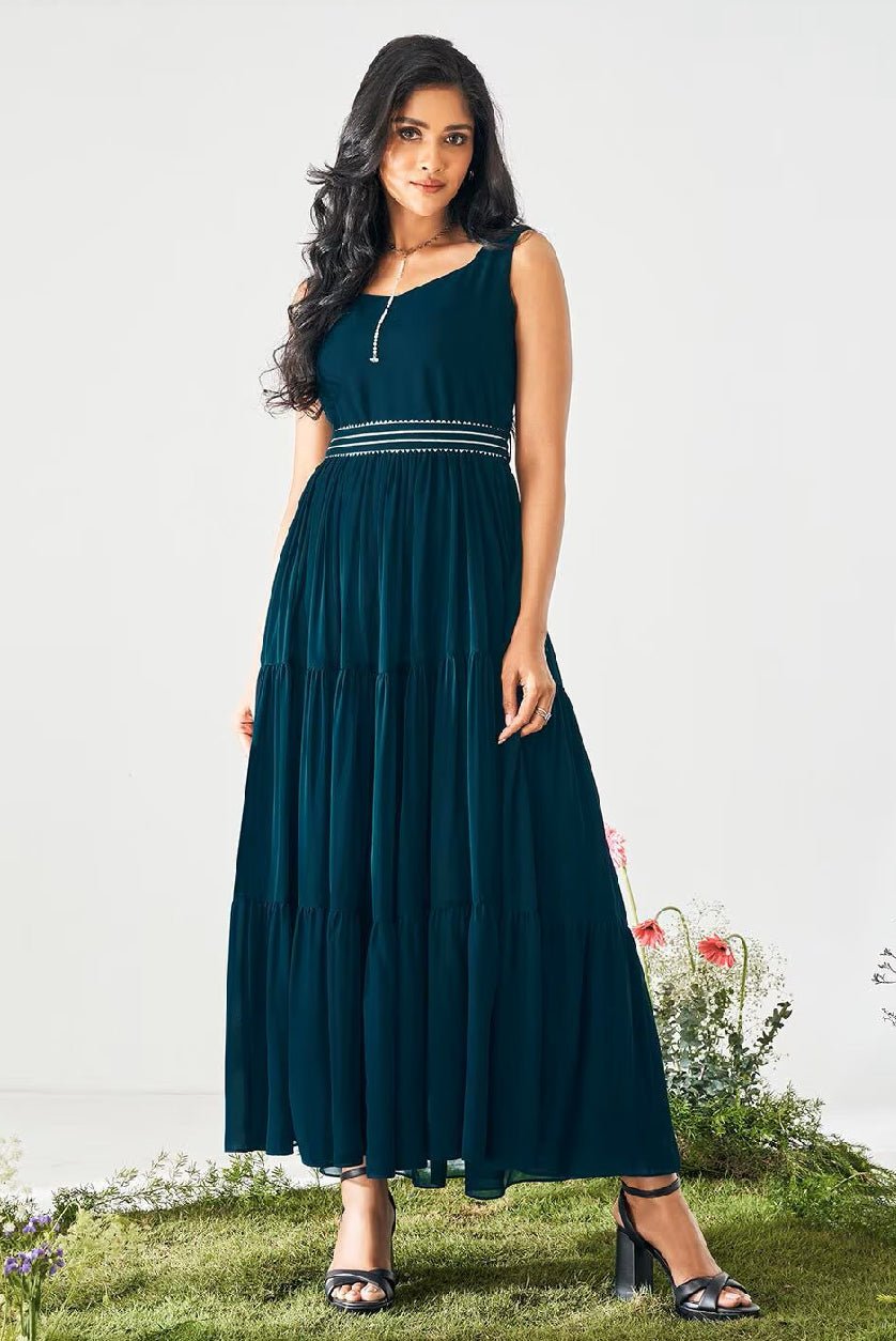 Embroidered Fox Georgette Fit & Flare Dress | Sleeveless Party Dress for Women Canada - aromie