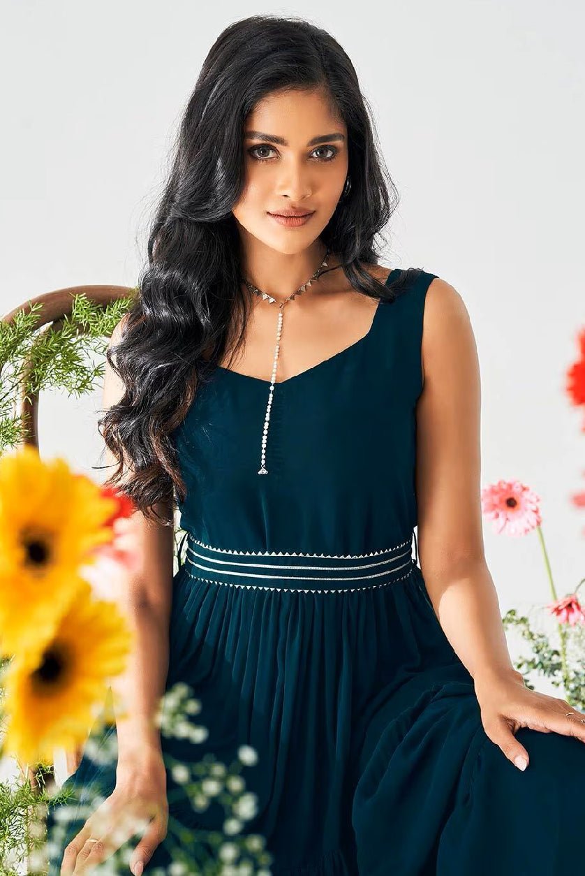 Embroidered Fox Georgette Fit & Flare Dress | Sleeveless Party Dress for Women Canada - aromie