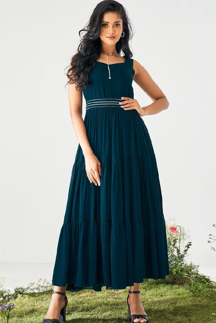 Embroidered Fox Georgette Fit & Flare Dress | Sleeveless Party Dress for Women Canada - aromie