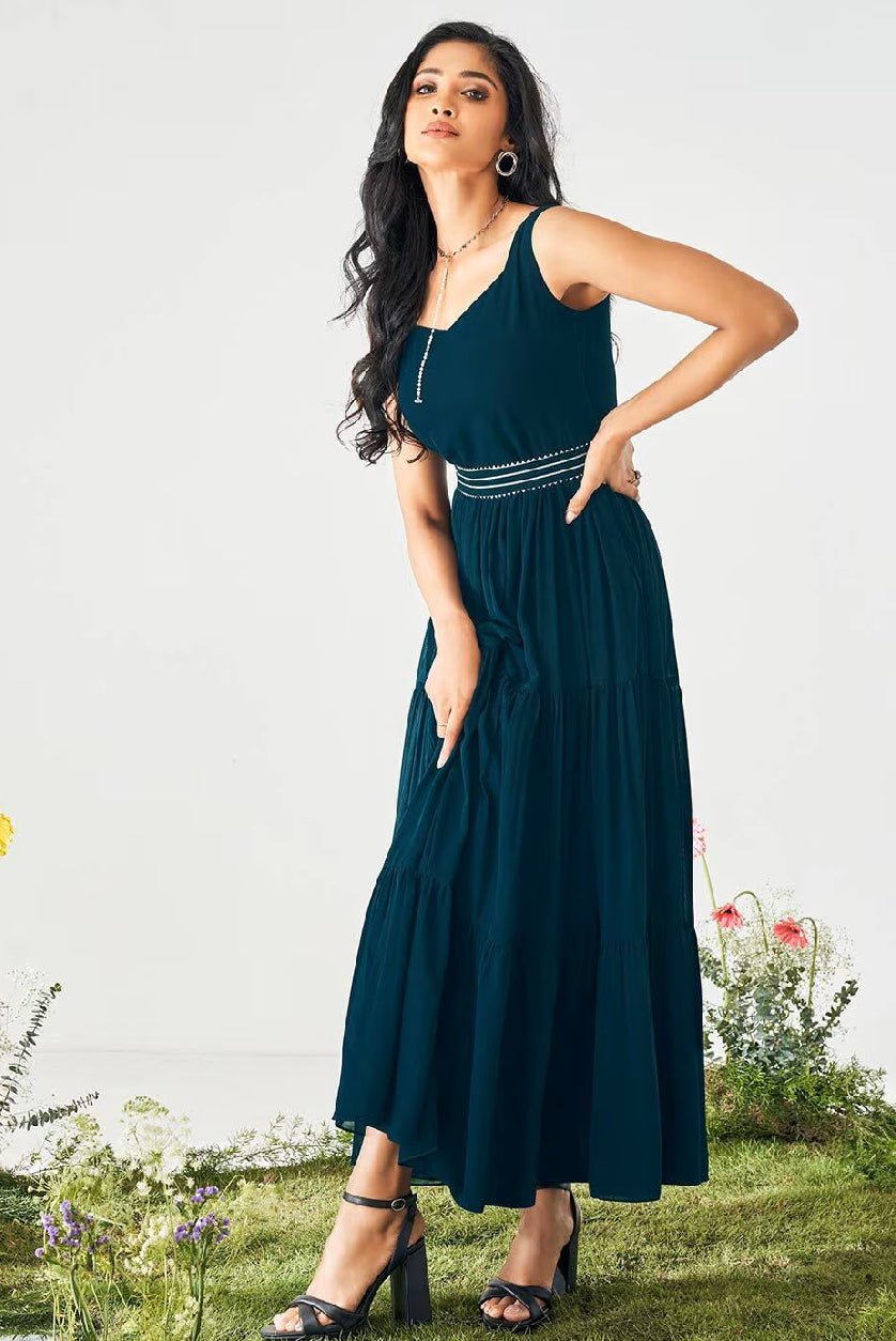 Embroidered Fox Georgette Fit & Flare Dress | Sleeveless Party Dress for Women Canada - aromie