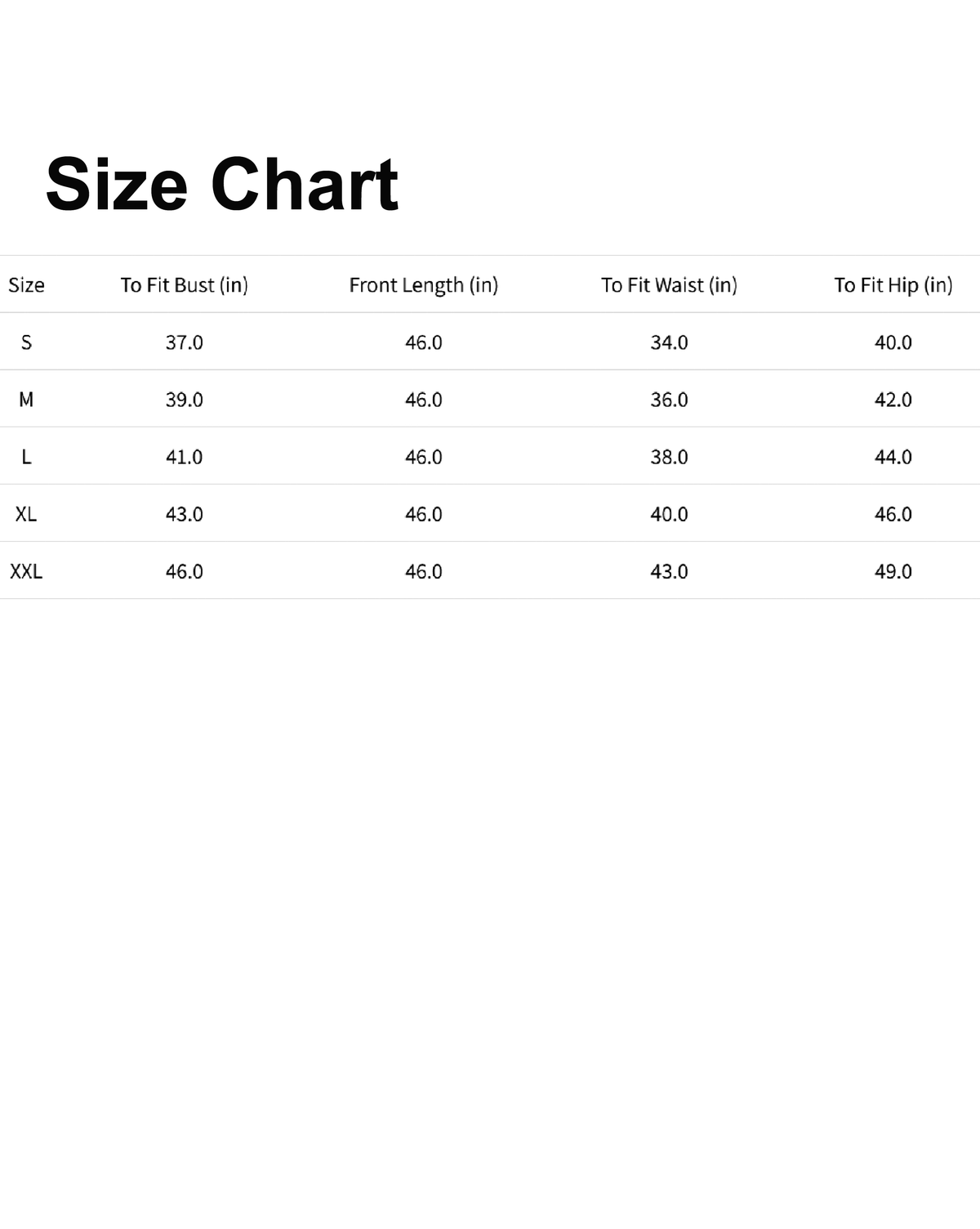 Size chart for aromie embroidered georgette jumpsuit with measurements for bust waist hip and front length
