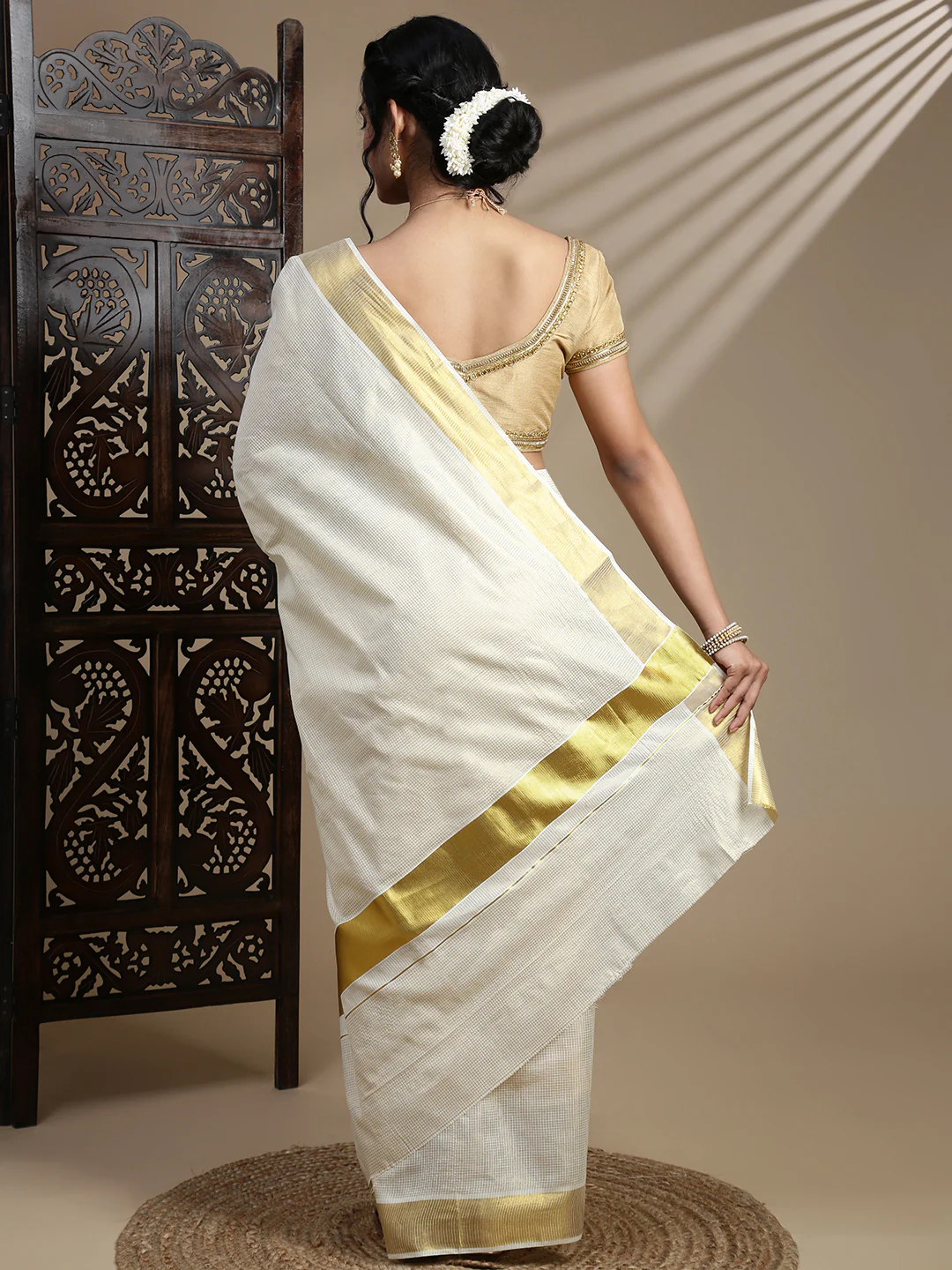 Embroidered Gota Tissue Saree Canada in cream with gold border, perfect for festive occasions and weddings