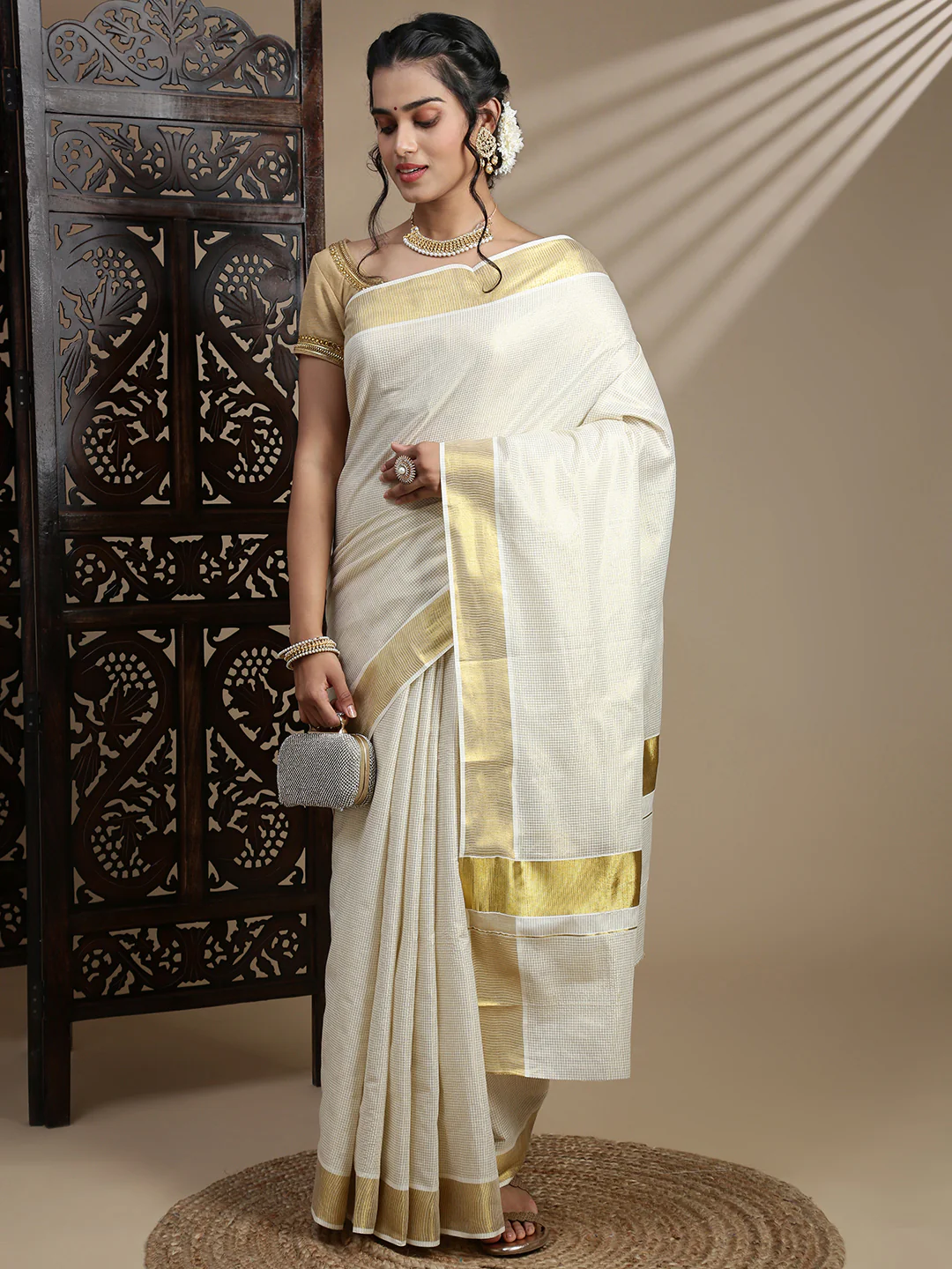 Elegant off-white Embroidered Gota Tissue Saree Canada with gold accents, perfect for weddings and festive occasions.