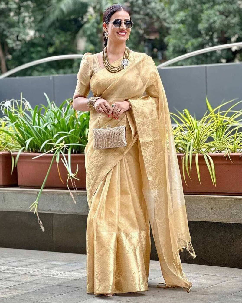 Elegant Embroidered Gota Tissue Saree Canada in soft gold with intricate design, perfect for festive occasions