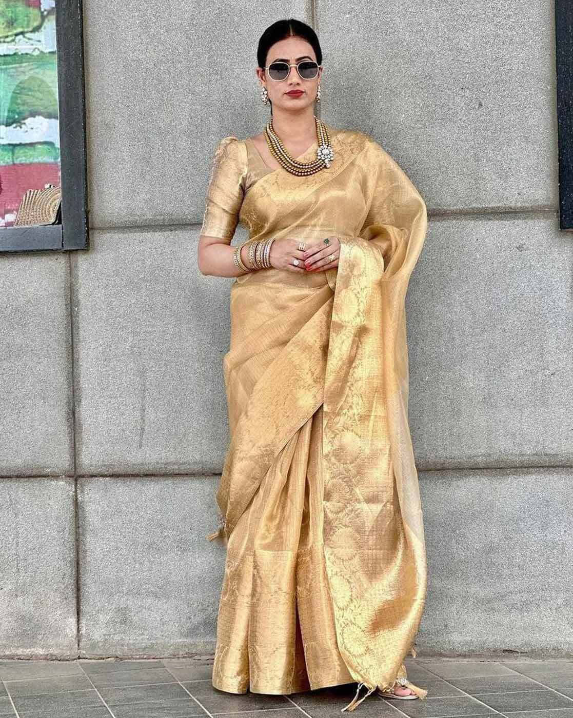 Elegant Embroidered Gota Tissue Saree Canada in a rich golden hue, perfect for formal occasions