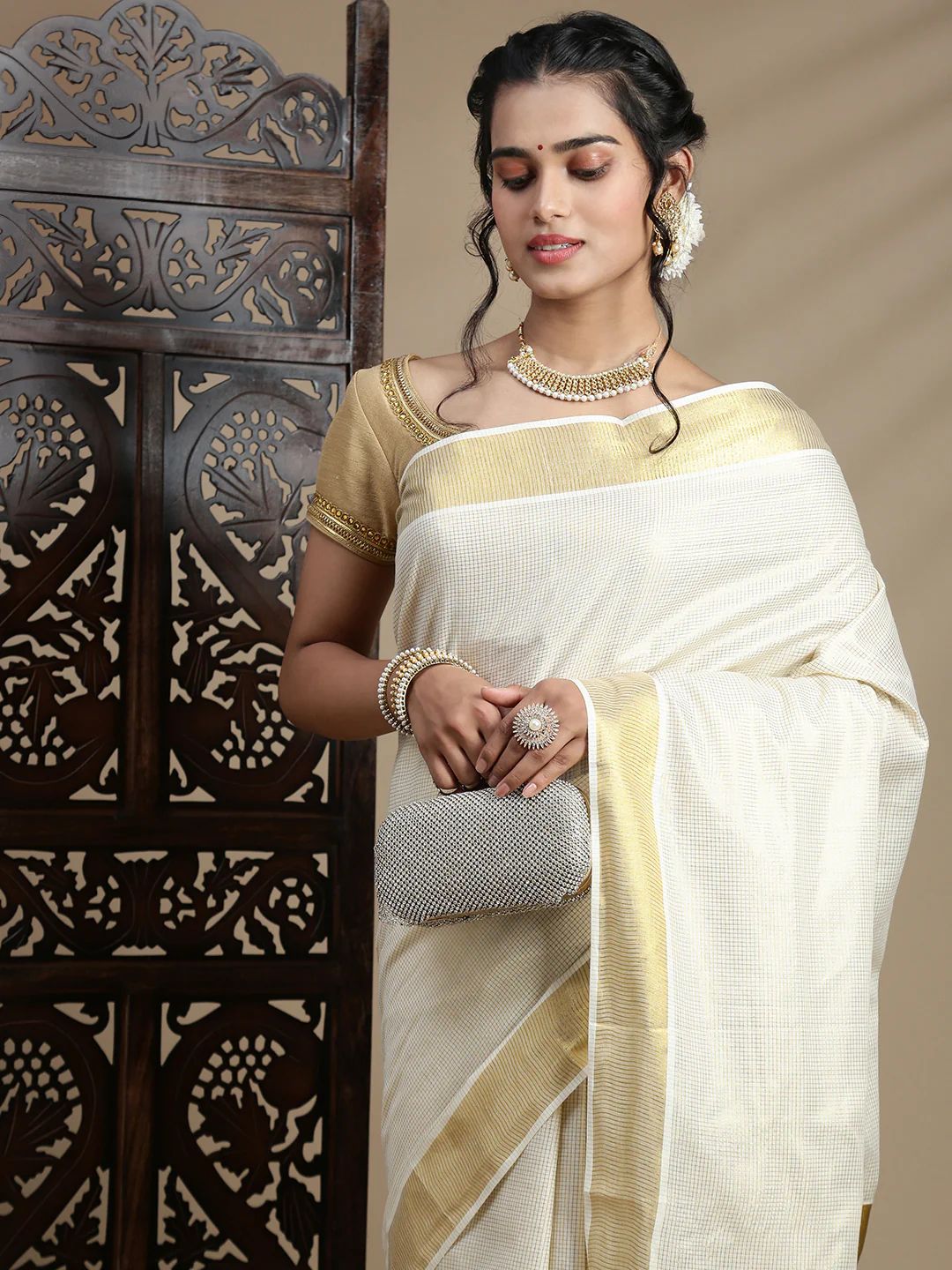 Front view of a cream embroidered gota tissue saree from Aromie, perfect for weddings and festive occasions in Canada