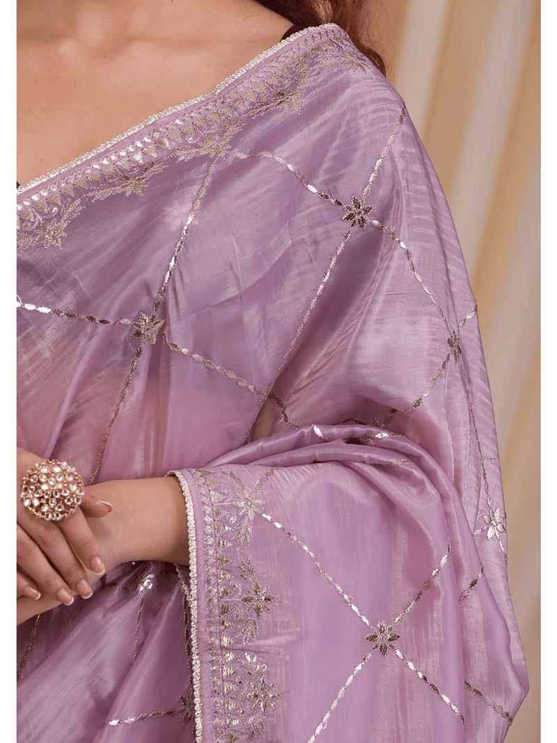 Embroidered Gota Tissue Saree with Unstitched Blouse - aromie
