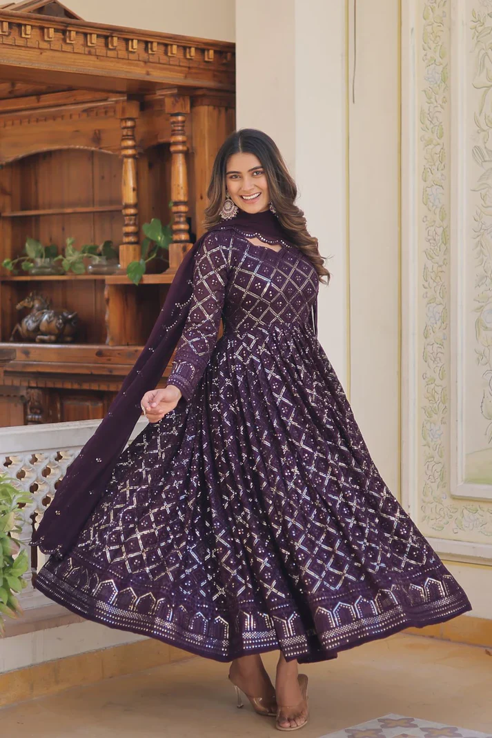 Embroidered Indian gown with dupatta in deep purple color, ideal for festive occasions or weddings