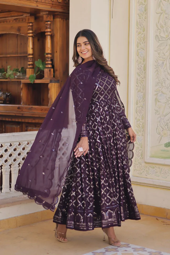 Purple embroidered Indian gown with dupatta in flowy fabric, perfect for weddings and festive occasions