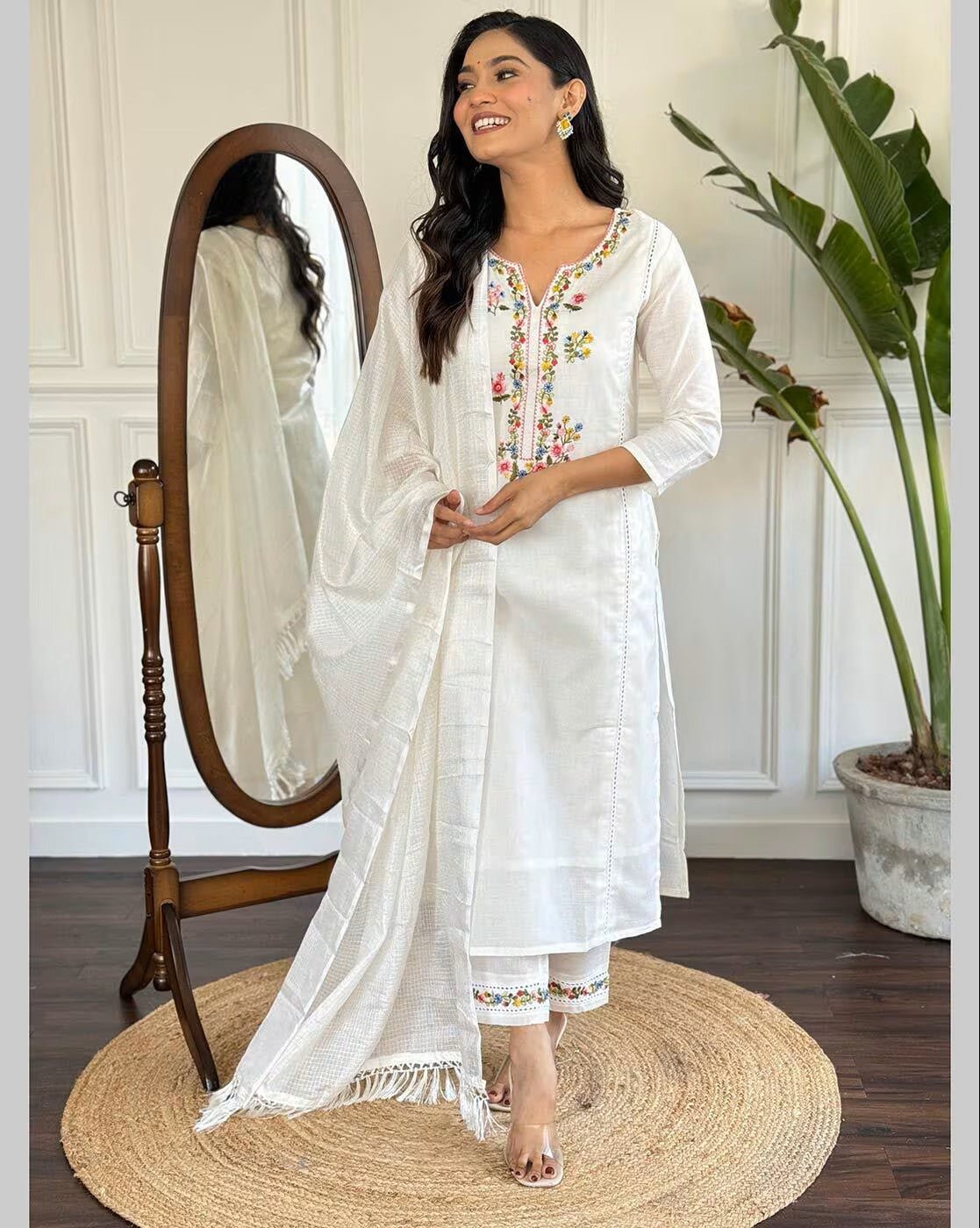 Three piece embroidered kurta set Canada with floral detailing and matching dupatta for elegant wear