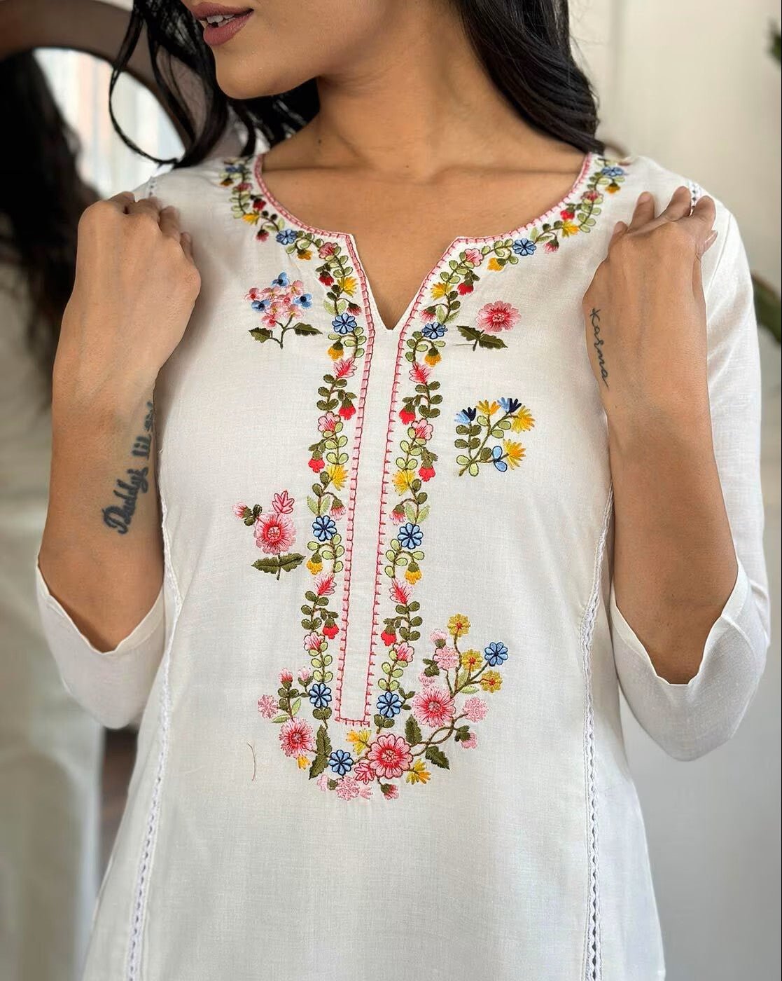 Elegant three piece embroidered kurta set Canada featuring floral designs on a white fabric