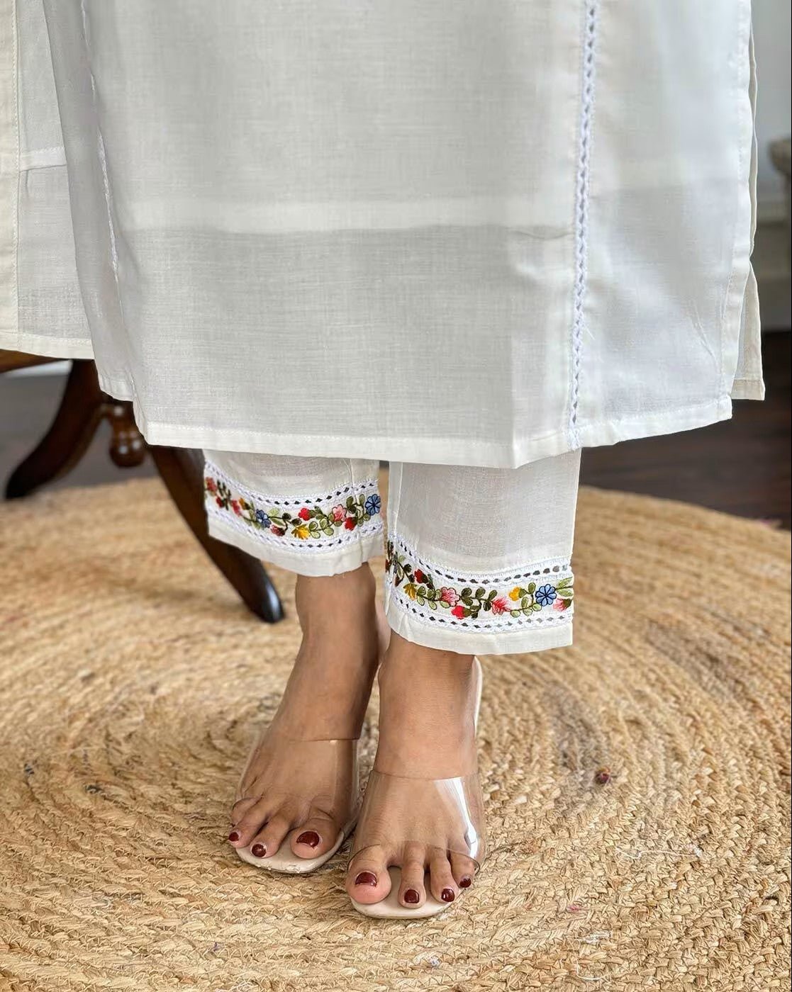 Embroidered kurta set Canada featuring intricate floral designs on the pants for a stylish look