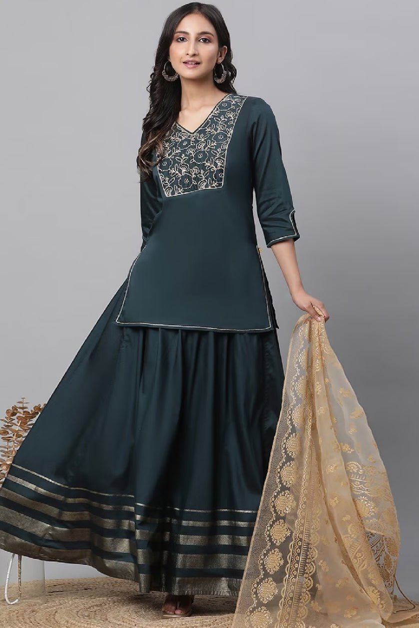 Elegant three piece embroidered Kurta set for women in teal with gold accents and matching dupatta