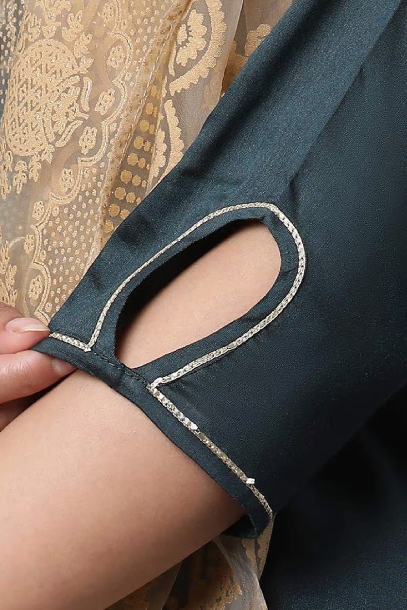 Close-up of an Embroidered Kurta Set for Women showcasing elegant sleeve detailing and rich fabric texture