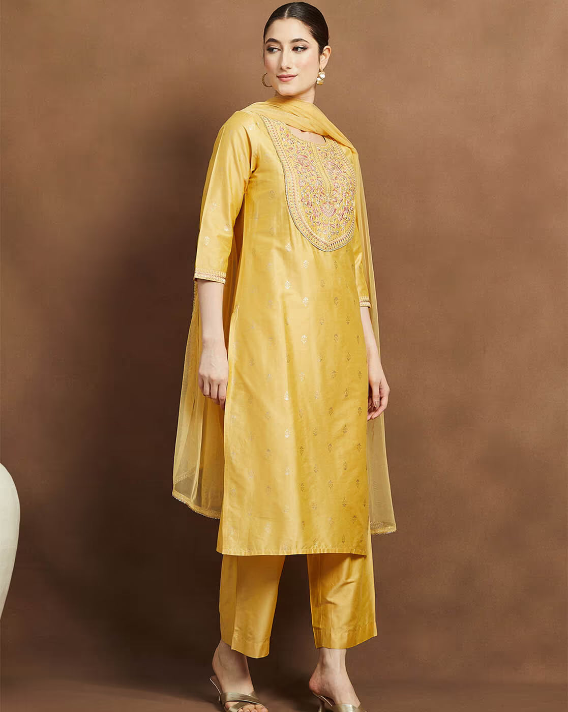 Elegant yellow embroidered kurta suit set for women with stylish embroidery and matching dupatta