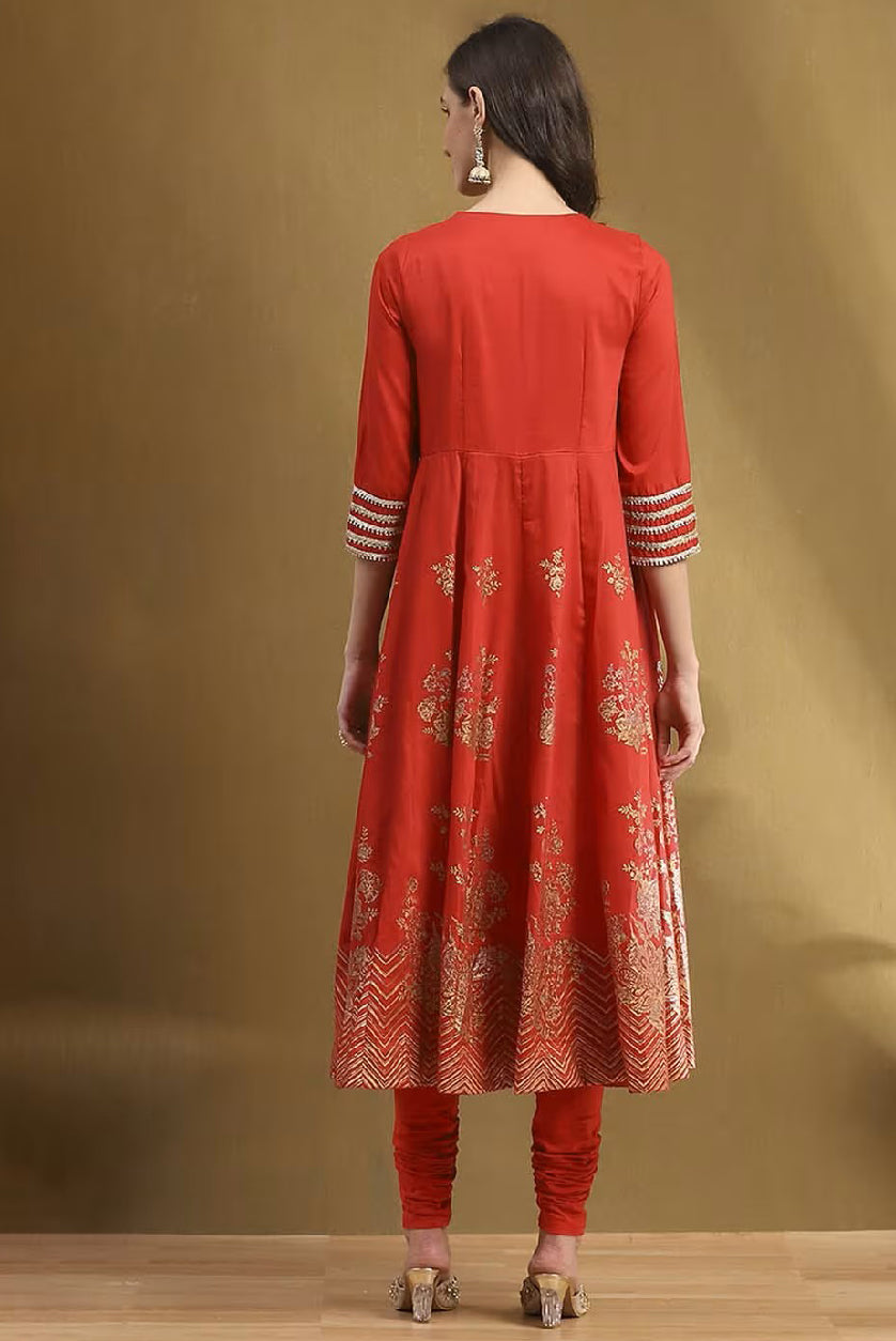 Back view of a three piece Embroidered Kurta Suit Set in vibrant red with intricate gold detailing