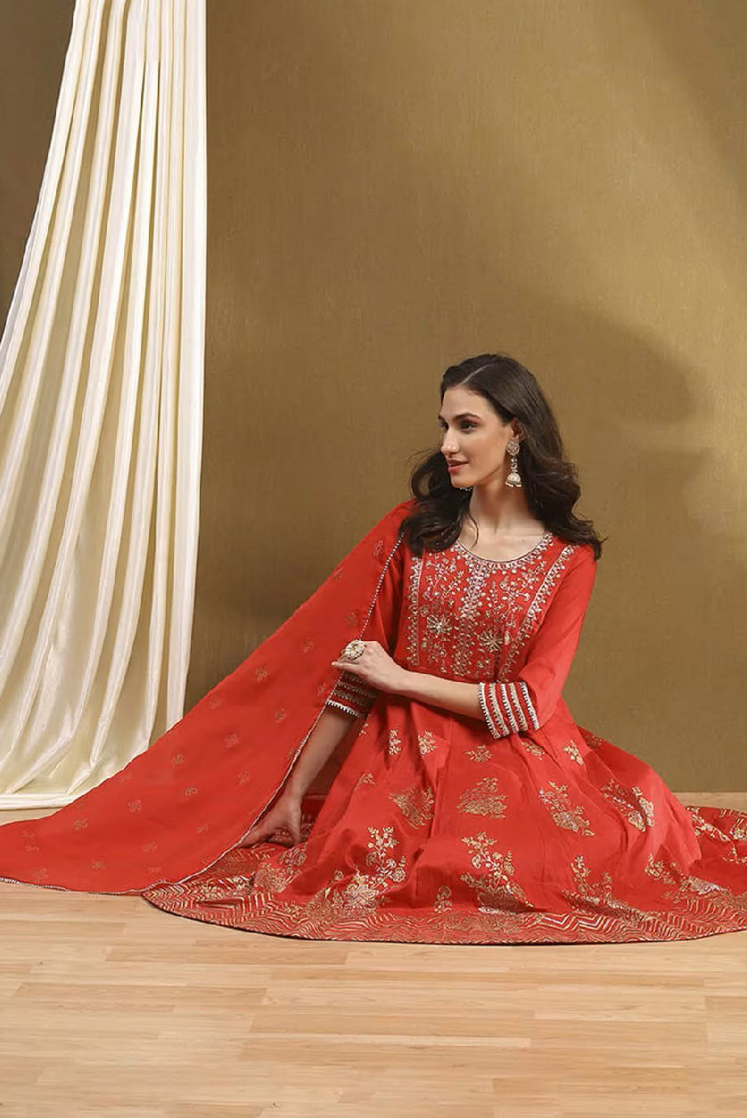 Aromie Embroidered Kurta Suit Set in red with intricate designs and matching dupatta for festive occasions