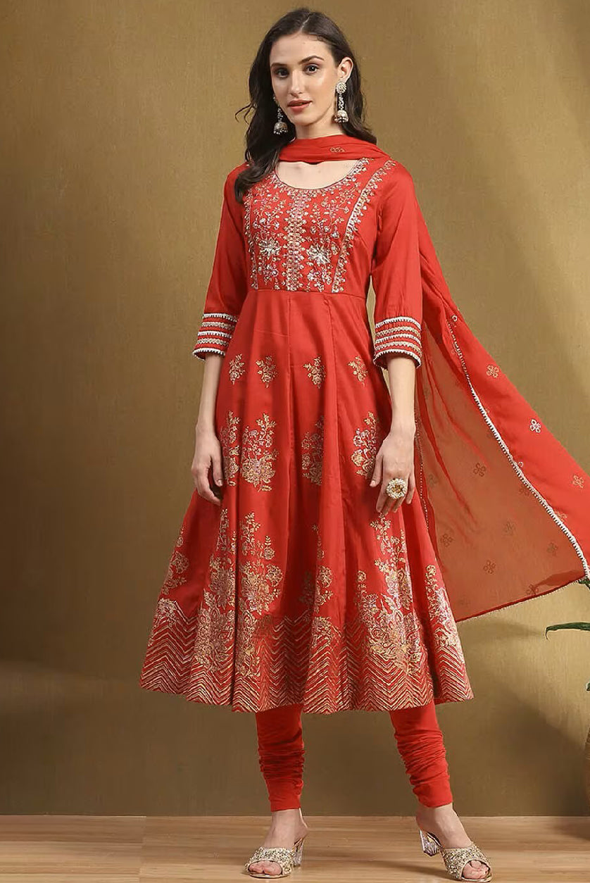 Embroidered Kurta Suit Set in vibrant red with intricate floral embroidery and matching dupatta