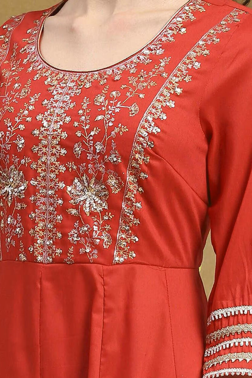 Elegant embroidered Kurta suit set in vibrant red with intricate floral designs