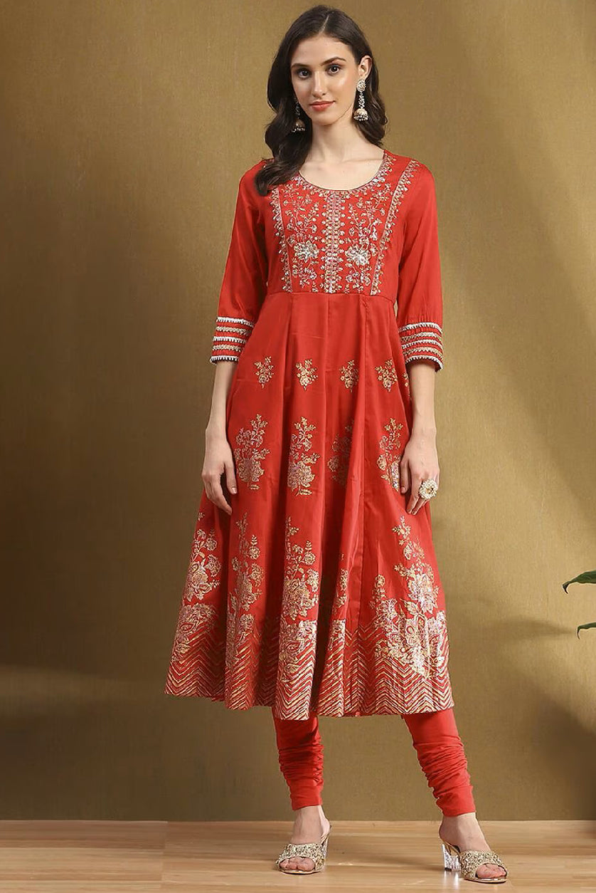 Aromie Embroidered Kurta Suit Set in red with intricate gold embroidery and a flared design