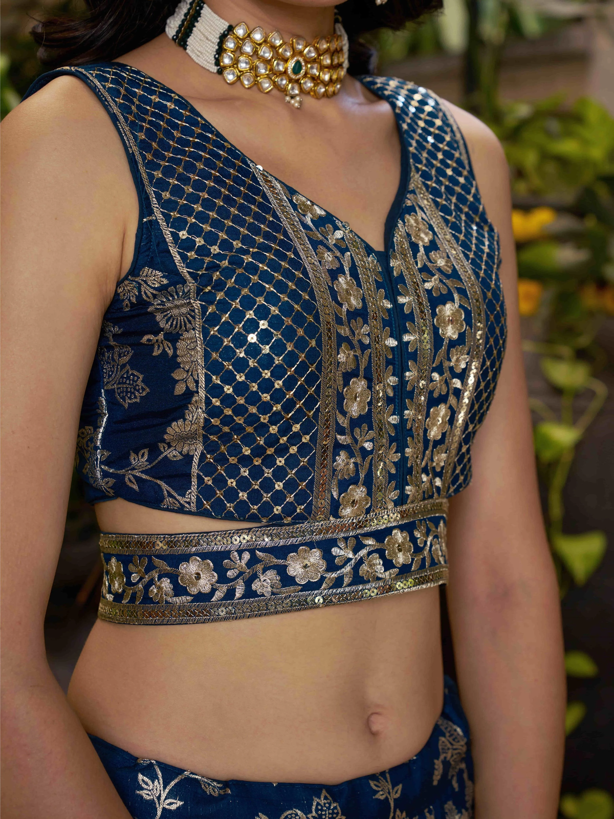 Navy blue embroidered lehenga choli set Canada with floral patterns, perfect for weddings and festive occasions