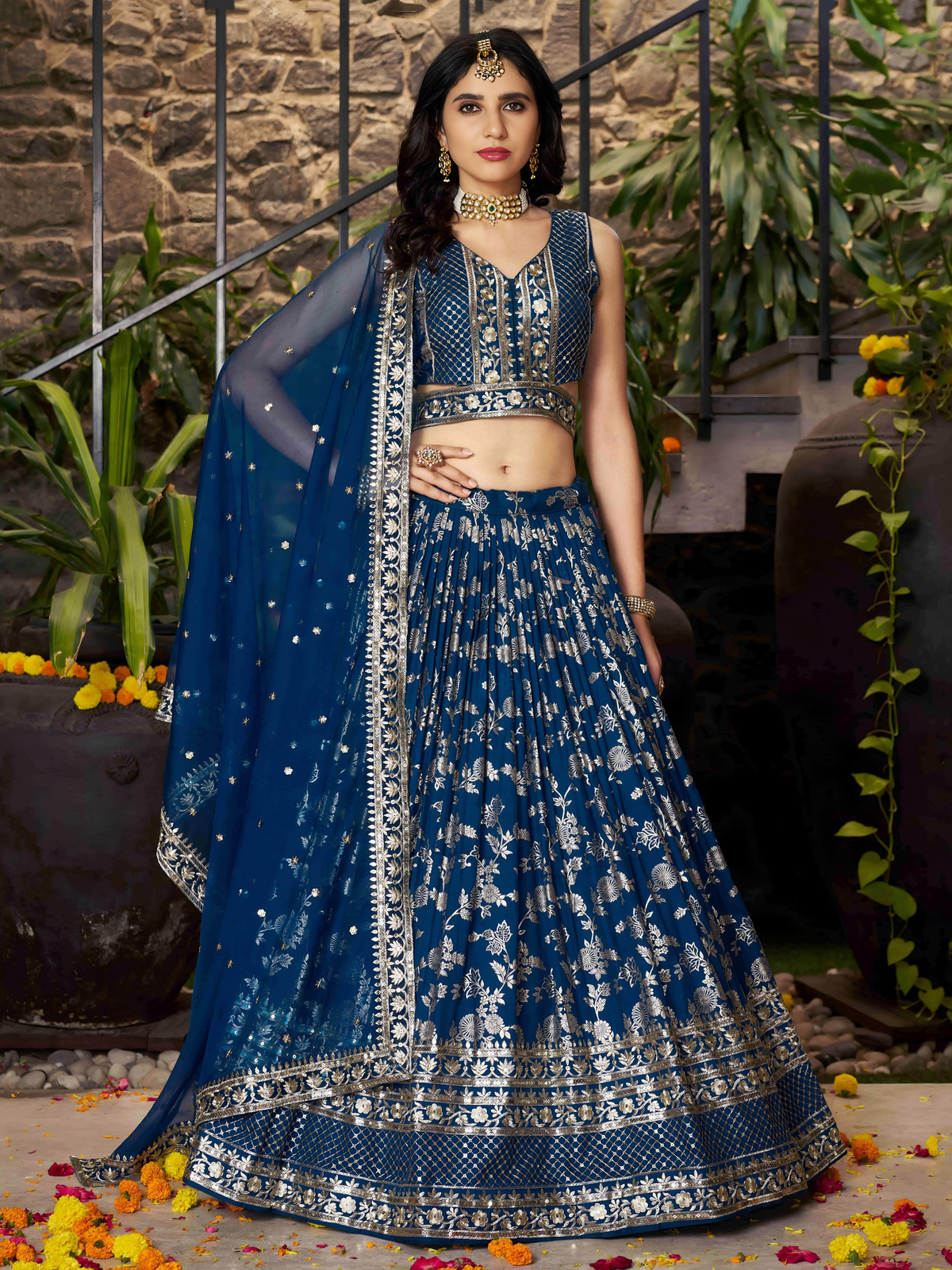 Navy blue embroidered lehenga choli set Canada in silk, perfect for weddings with intricate detailing