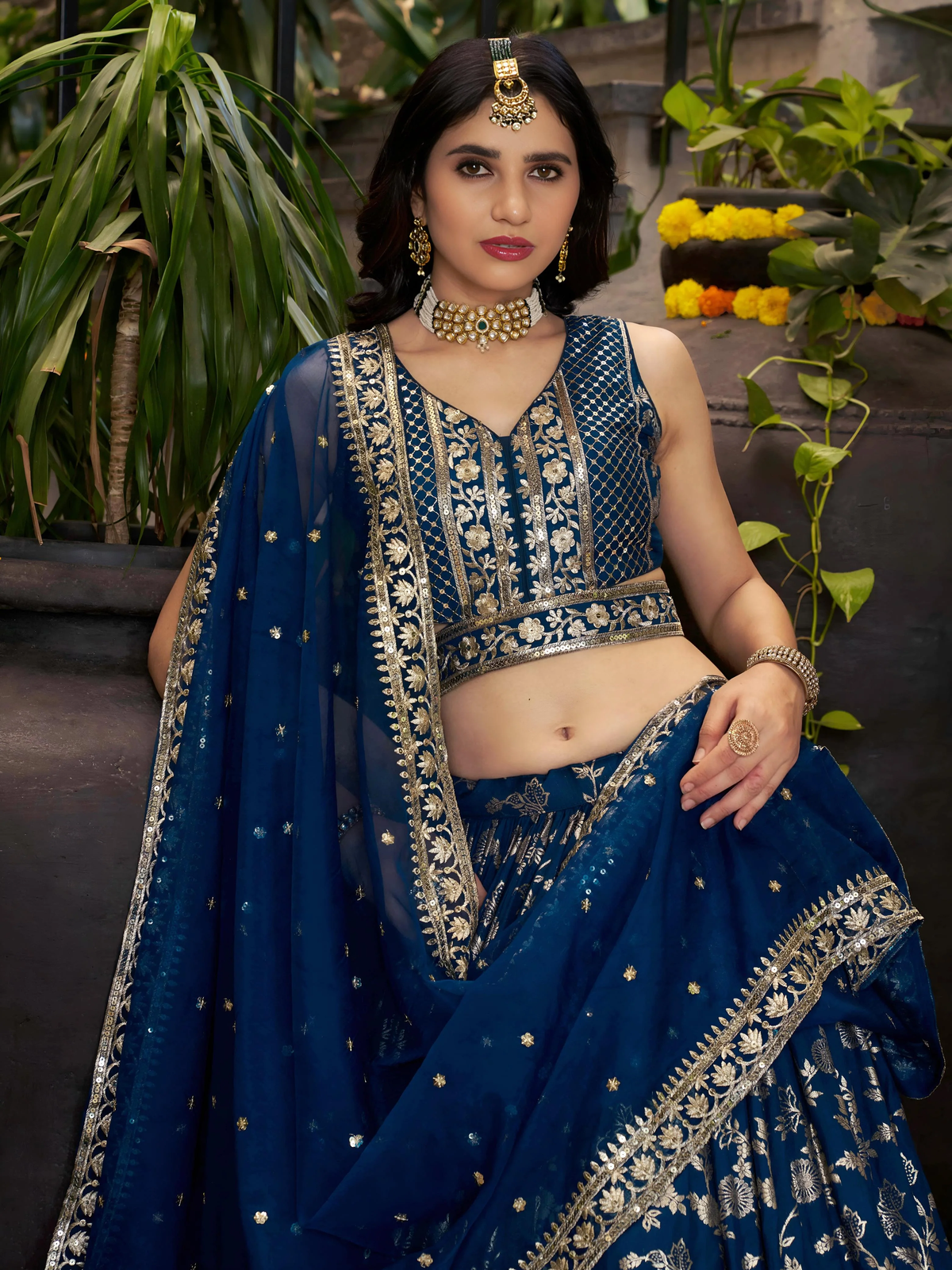 Navy blue embroidered lehenga choli set Canada in lightweight fabric, perfect for weddings and festive occasions