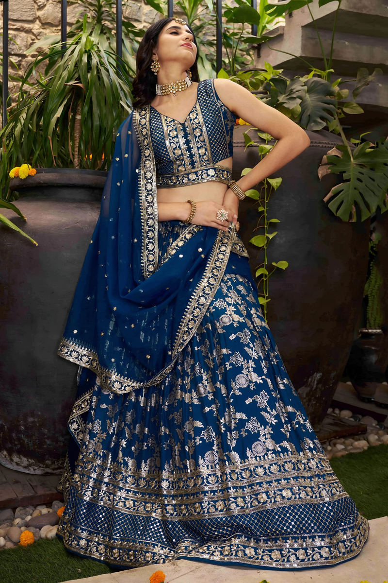 Navy blue embroidered lehenga choli set Canada with intricate designs, perfect for weddings and festive occasions