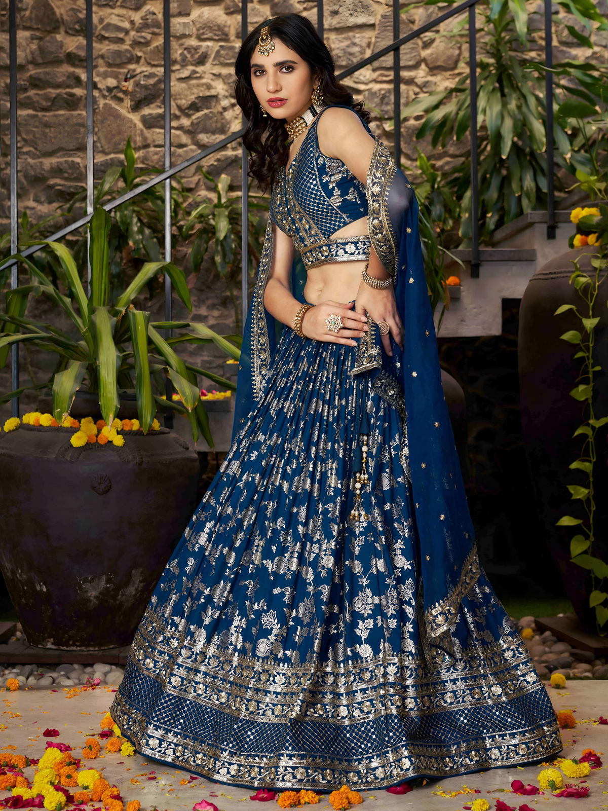 Navy blue embroidered lehenga choli set Canada with intricate floral design, perfect for weddings or festive occasions