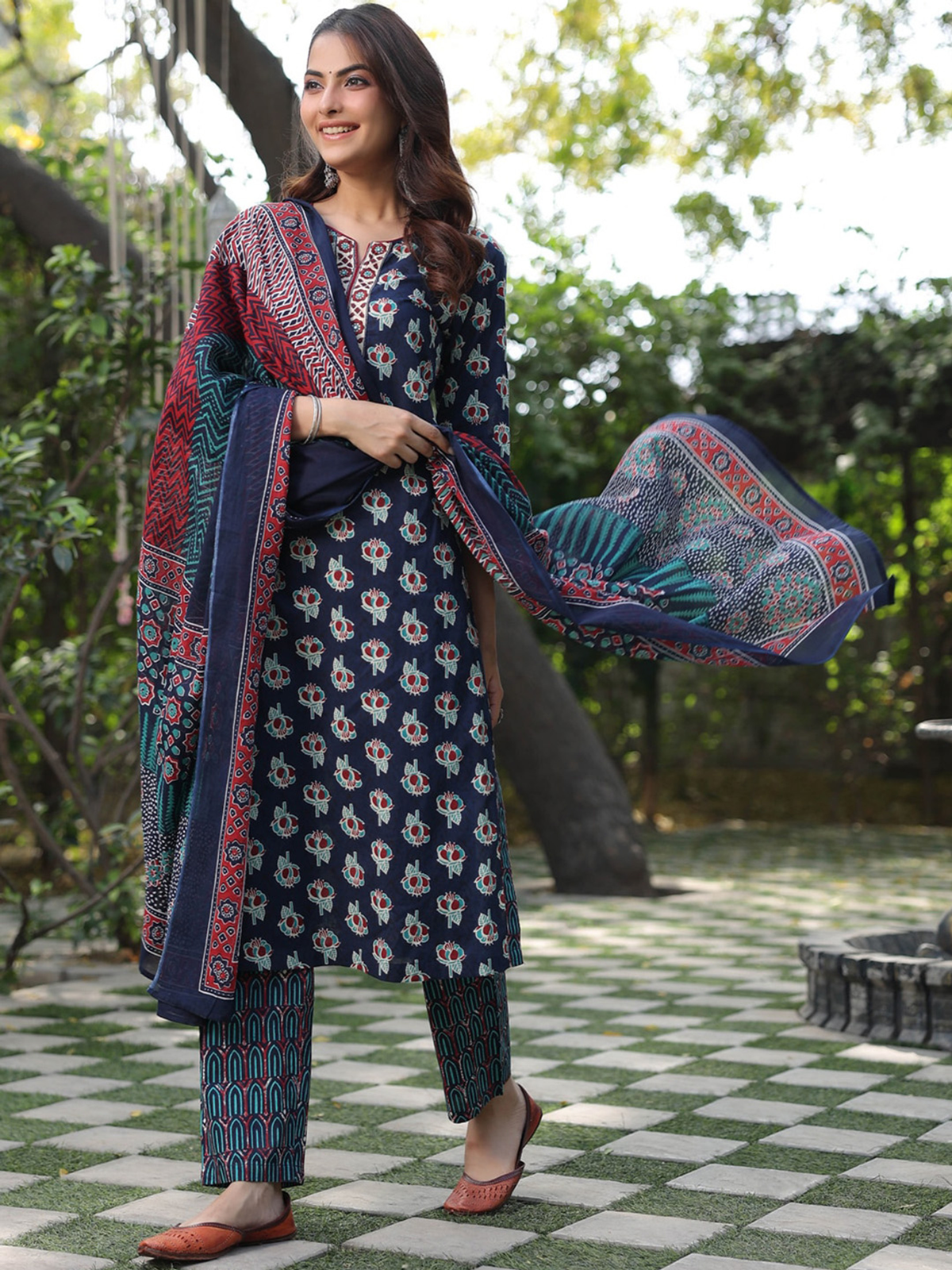 Three piece Embroidered Mulmul Kurta Canada set with contrasting dupatta and matching leggings