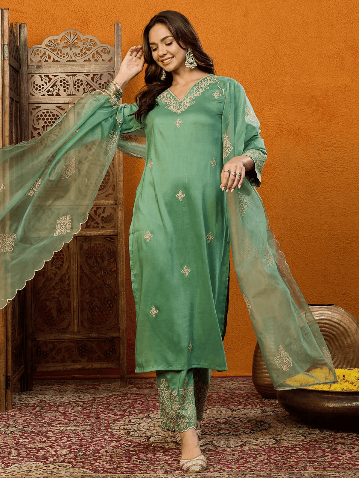 Embroidered Needlework Dress Set with Matching Wide Pants and Long Scarf – Comfy V - Neckline, Slip - On Closure - aromie