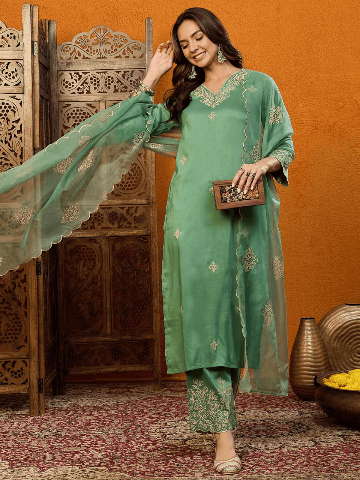 Embroidered Needlework Dress Set with Matching Wide Pants and Long Scarf – Comfy V - Neckline, Slip - On Closure - aromie