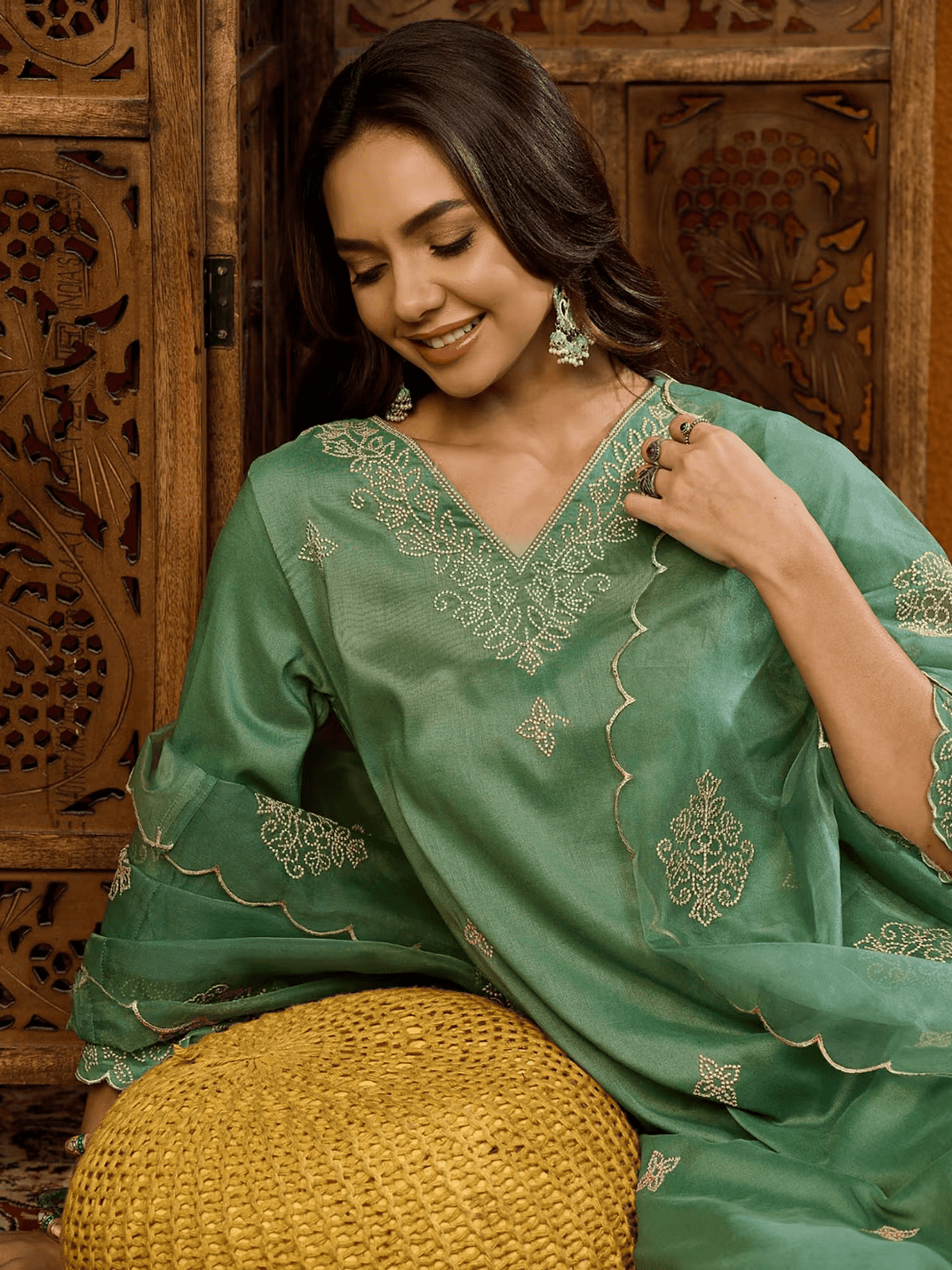 Embroidered Needlework Dress Set with Matching Wide Pants and Long Scarf – Comfy V - Neckline, Slip - On Closure - aromie
