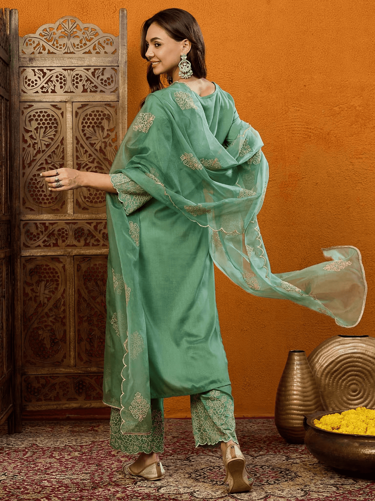 Embroidered Needlework Dress Set with Matching Wide Pants and Long Scarf – Comfy V - Neckline, Slip - On Closure - aromie