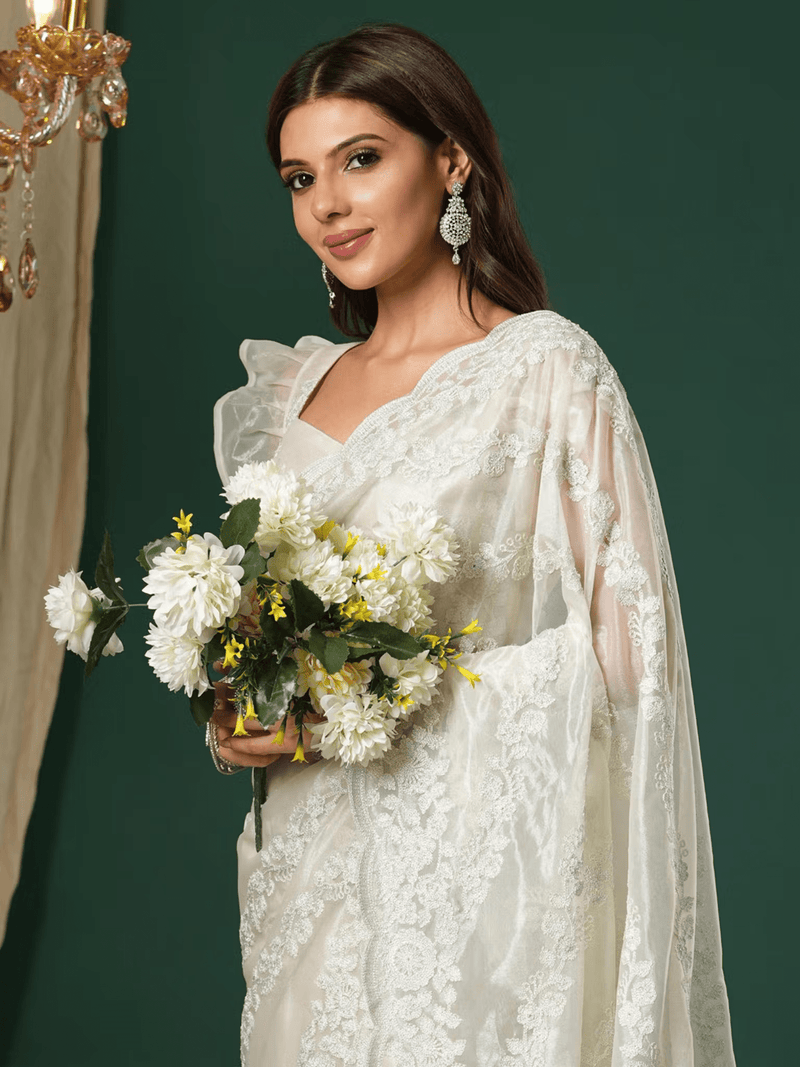 Embroidered Organza Saree for Women | Party Wear Saree with Blouse Canada - aromie