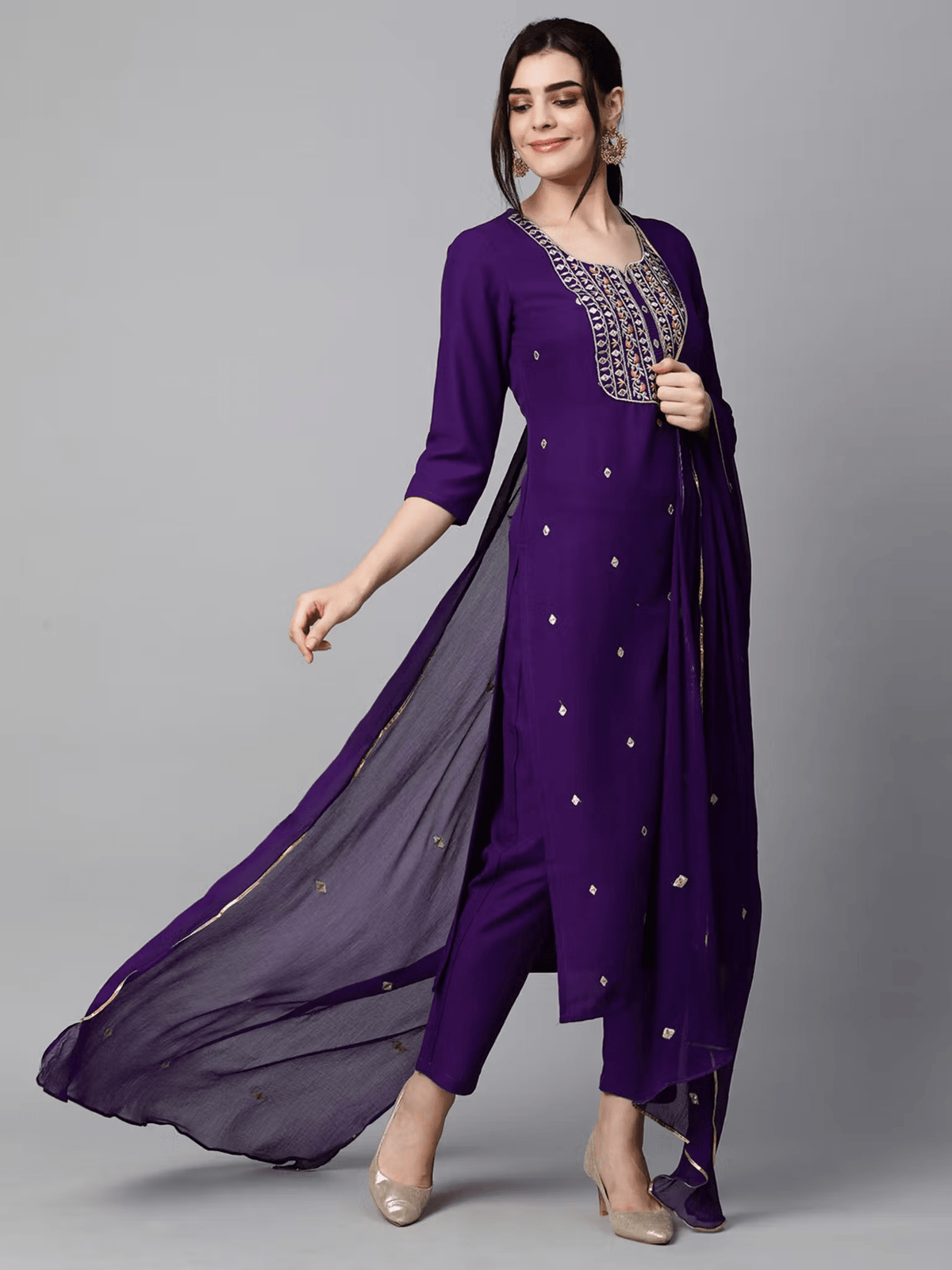 Embroidered Rayon Kurta Set - Stylish 3 Piece Ensemble