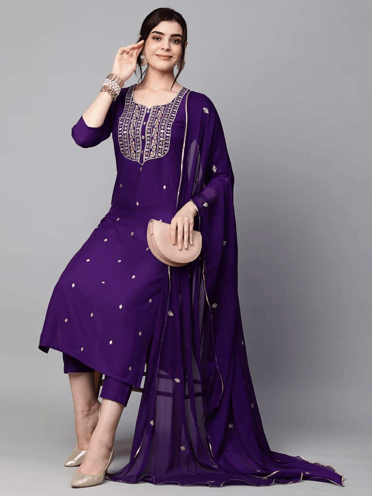 Embroidered Rayon Kurta Set - Stylish 3 Piece Ensemble