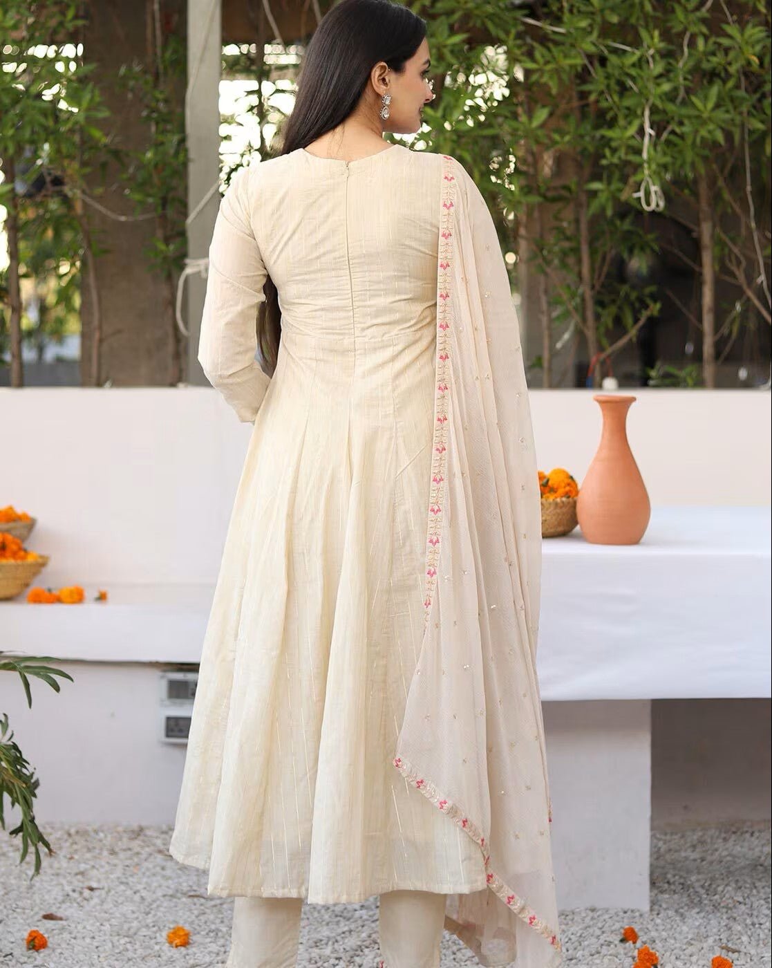 Elegant Embroidered Silk Anarkali Kurta Set in cream with a delicate embroidered dupatta